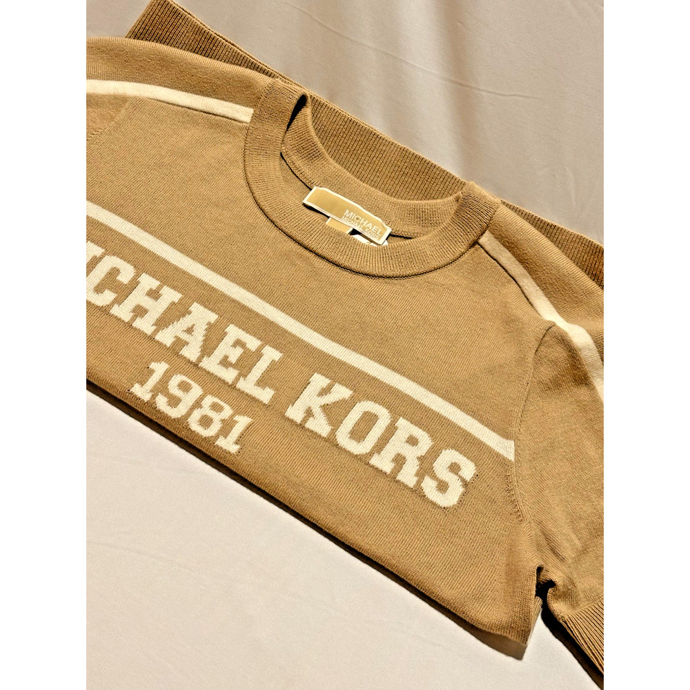 Michael Kors Knit Pullover Sweater Logo Crew Neck Beige White Women's S/P